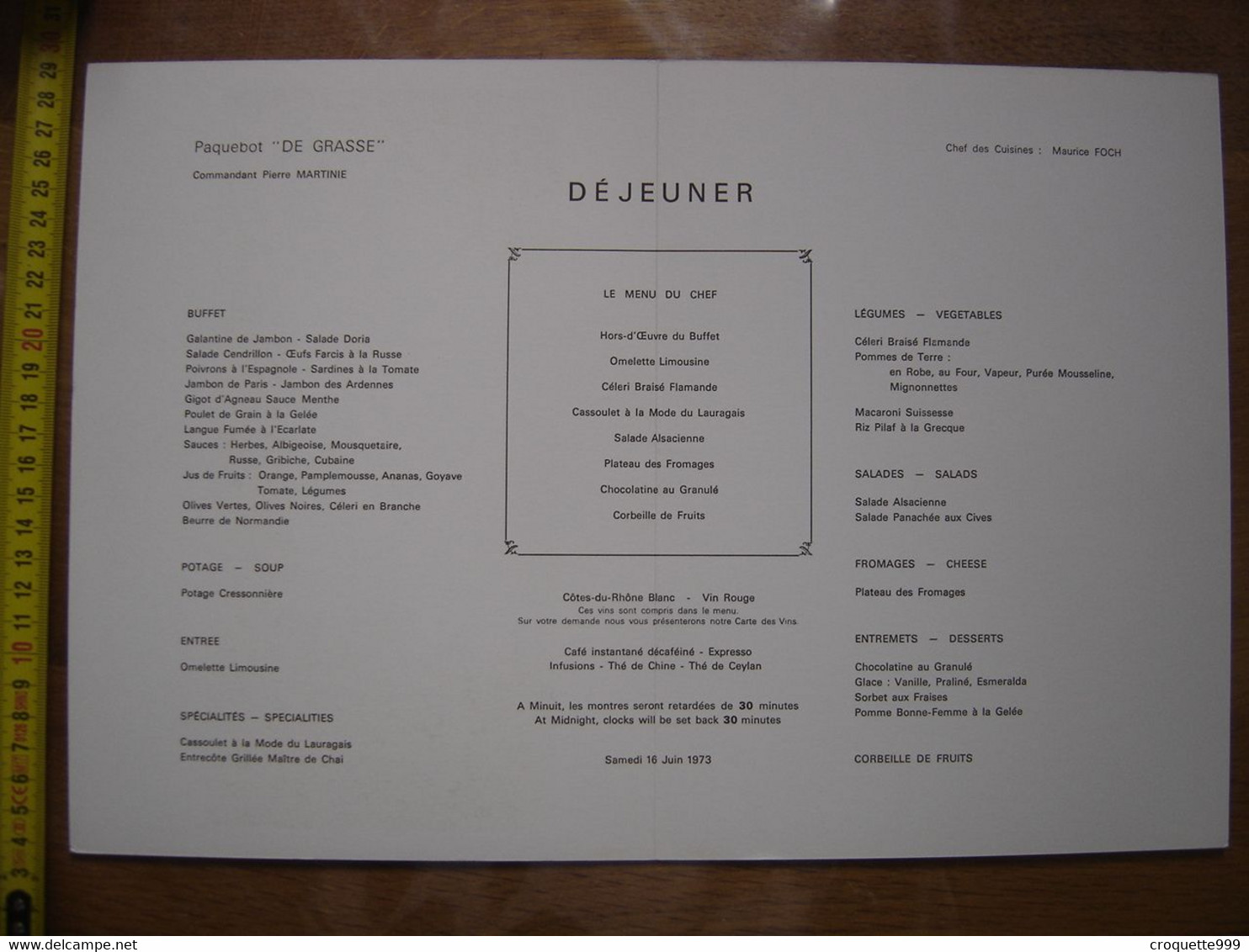 1973 MENU CGT Marine Paquebot DE GRASSE Gravure Bassin Neptune Jardin Versailles - Menus