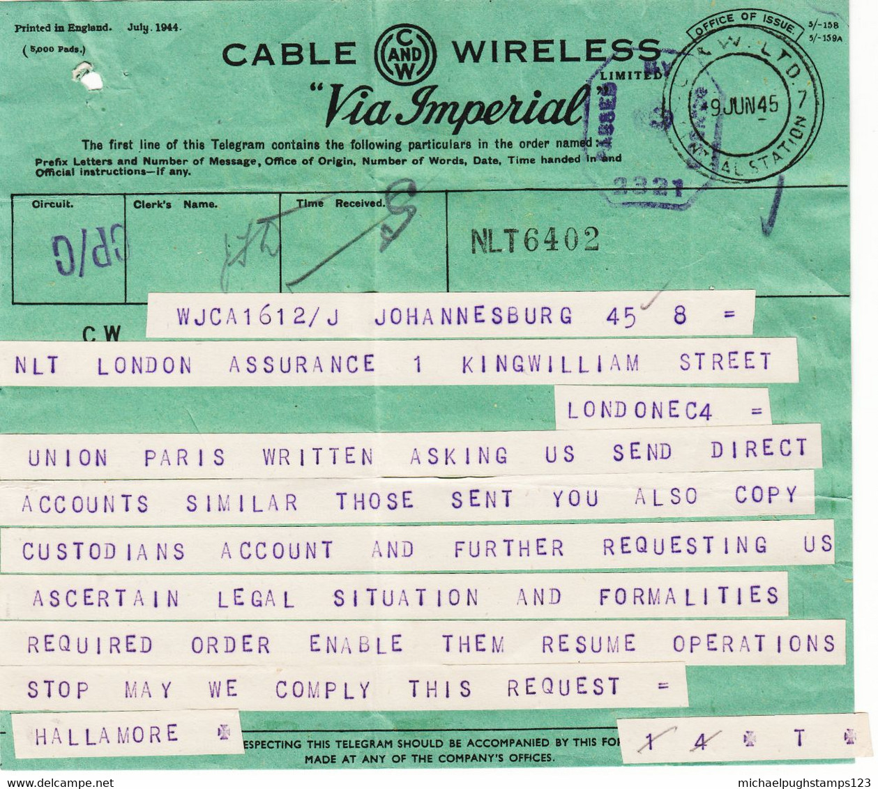 G.B. / Telegrams / Censorship / Cable + Wireless / Insurance / South Africa - Non Classés