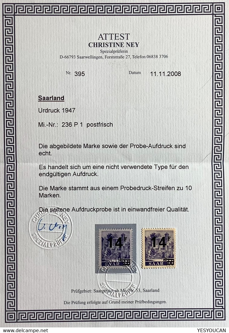 Saarland 1947 PROBEDRUCK RARITÄT ! Mi 236 P1 ** Urdruck FA Sig Ney BPP (Saar Sarre Essay Essai Proof France MNH Cert - Unused Stamps