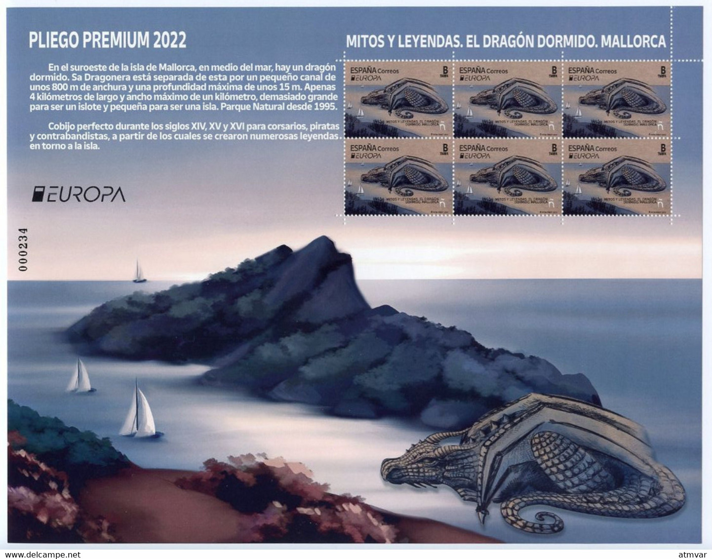 ESPAÑA (2022) EUROPA Mitos Y Leyendas Dragón Dormido Isla Mallorca Island Sa Dragonera, Myths And Legends Pliego Premium - Hojas Completas