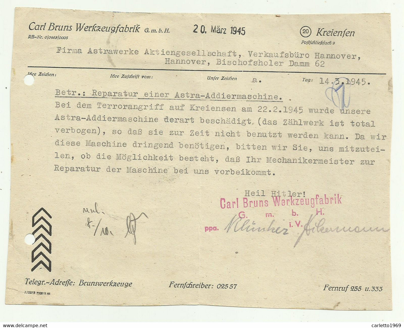 DOCUMENTO GERMANIA REICH 14/3/1945 RIPARAZIONE MACCHINA ASTRA DURANTE ATTACCO TERRORISTICO A KREIENSEN - Covers & Documents