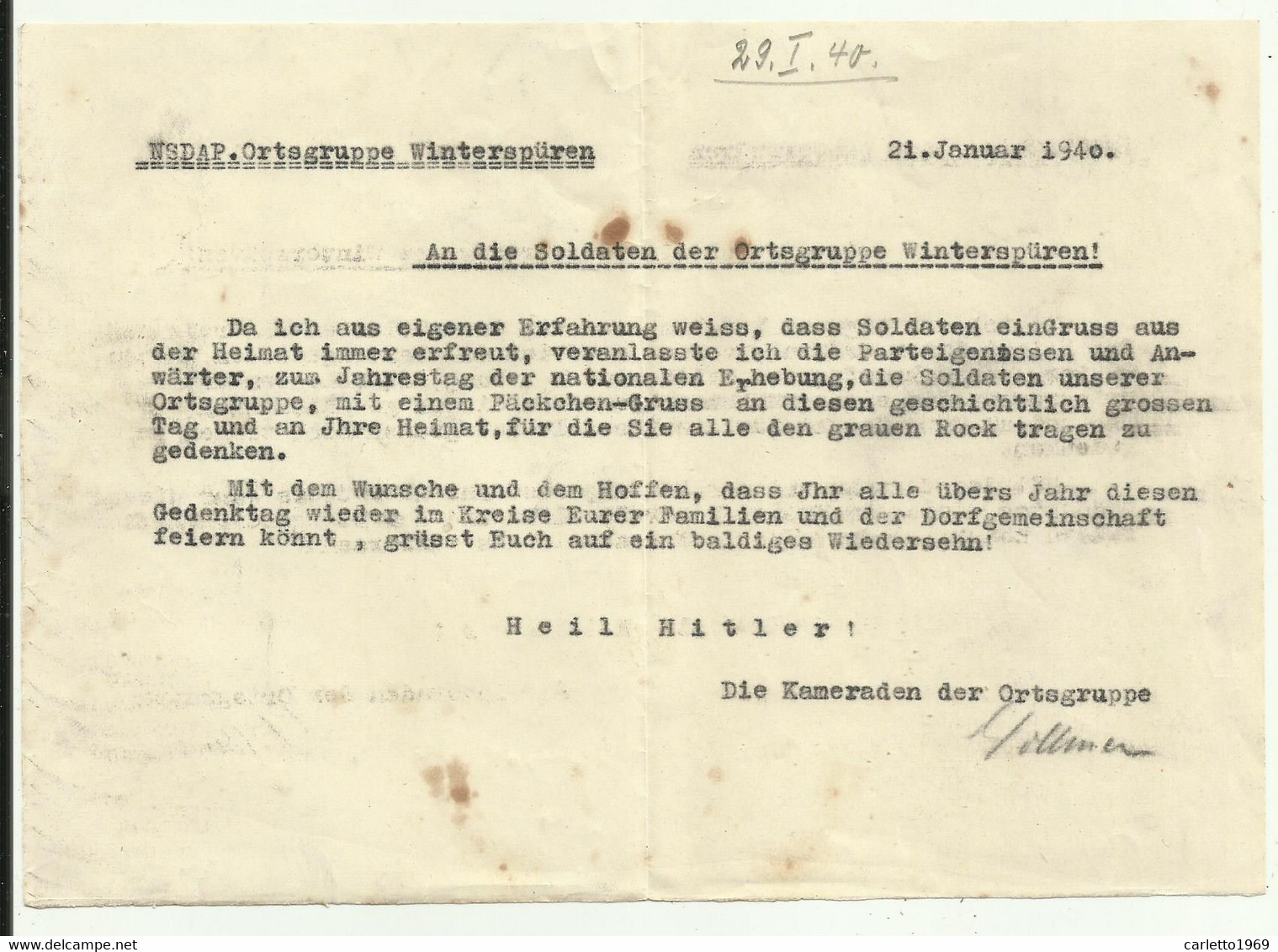 DOCUMENTO NSDAP ORTSGRUPPE WINTERSPUREN 21JANUAR 1940 - Other & Unclassified