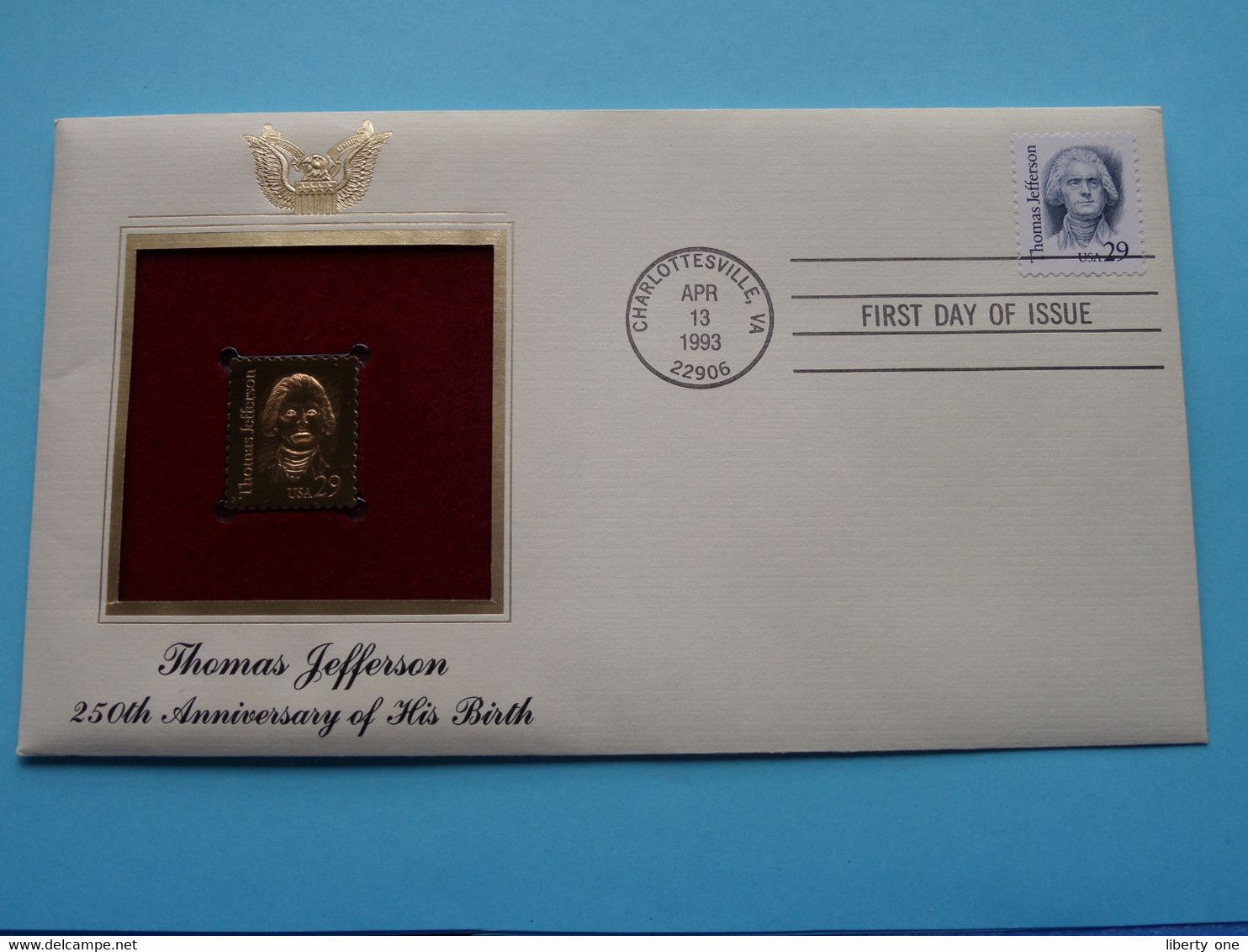 THOMAS JEFFERSON - 250th ANN. OF HIS BIRTH ( 22kt Gold Stamp Replica ) First Day Of Issue 1993 - USA ! - 1991-2000