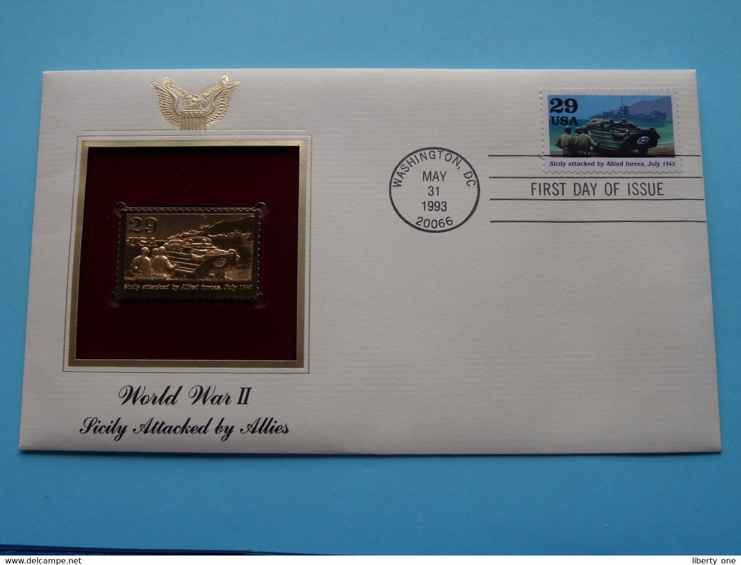 WORLD WAR II - SICILY ATTACKED BY ALLIES ( 22kt Gold Stamp Replica ) First Day Of Issue 1993 > USA ! - 1991-2000