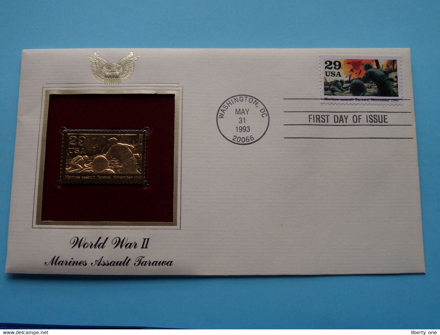 WORLD WAR II - MARINES ASSAULT TARAWA ( 22kt Gold Stamp Replica ) First Day Of Issue 1993 > USA ! - 1991-2000