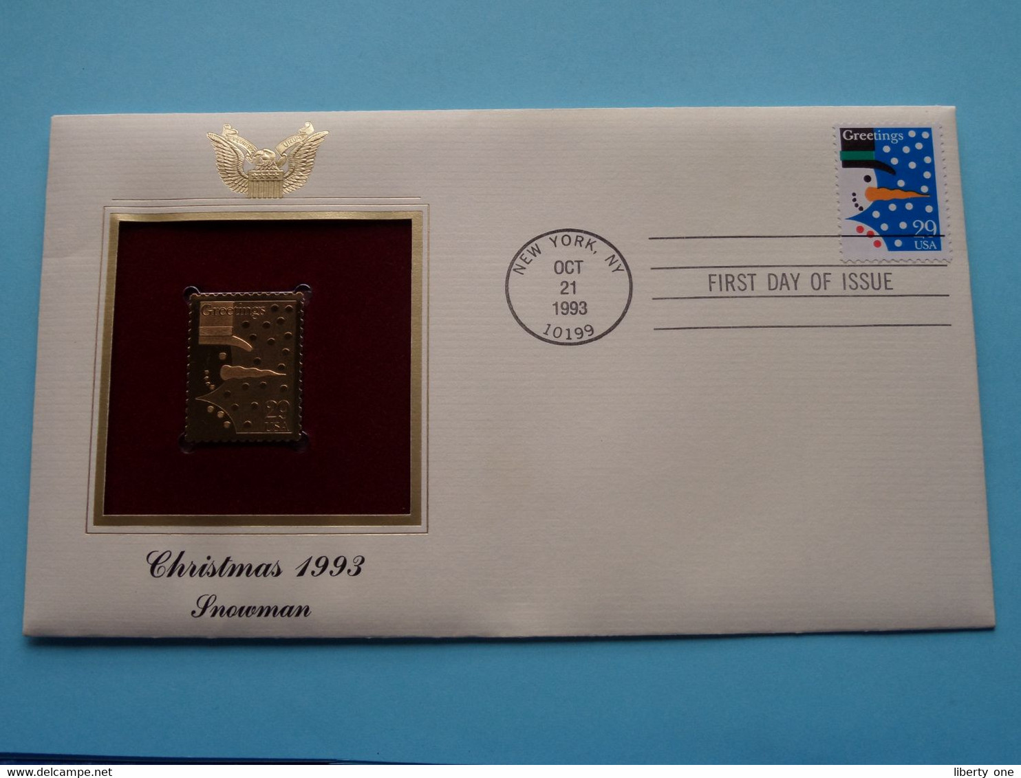 CHRISTMAS 1993 - SNOWMAN ( 22kt Gold Stamp Replica ) First Day Of Issue 1993 > USA ! - 1991-2000