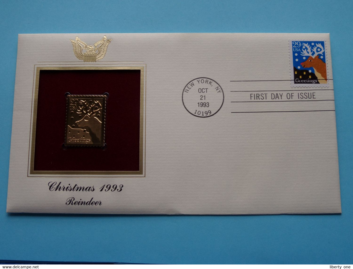 CHRISTMAS 1993 - REINDEER ( 22kt Gold Stamp Replica ) First Day Of Issue 1993 > USA ! - 1991-2000