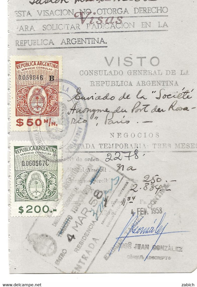 FISCAUX   ARGENTINE Fiscaux Consulaires Sur Visa De Passeport 1958 - Collections, Lots & Series