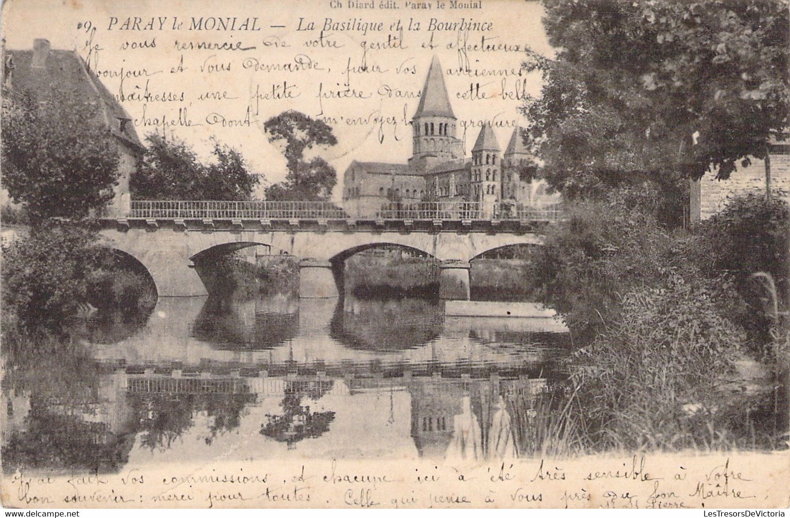 CPA Paray Le Monial - La Basilique Et La Bourbince - Envoyé Au Pensionnat Des Dames De La Ste Union En 1909 - Paray Le Monial