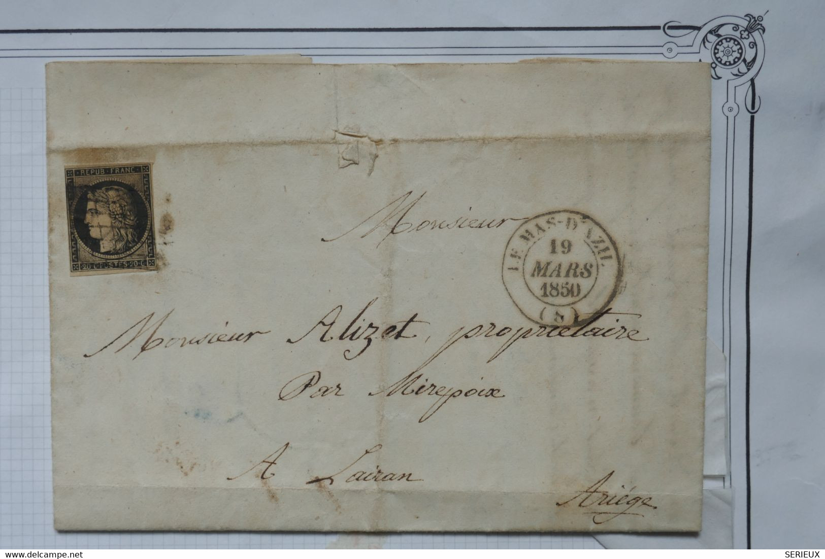 M26 FRANCE BELLE LETTRE 19 MARS 1850  LE MAS D AZIL POUR LAIRAN ARIEGE+N°3 NOIR S BL. GRILLE ++ AFFRANCH. PLAISANT - 1849-1850 Ceres