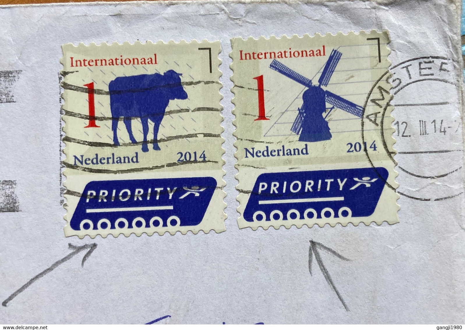 NEDERLAND 2014, PRIORITY,SELF ADHESIVE 2 STAMPS ,COW, WINDMILL ,COVER TO INDIA,AMSTERDAM CITY CANCELLATION - Covers & Documents