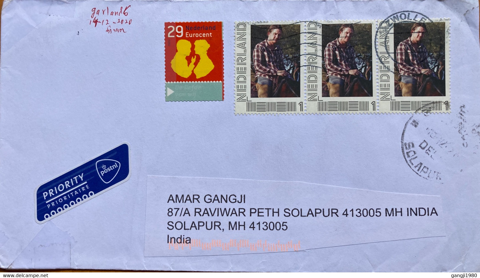 NEDERLAND 2020, EURO CENT COUPLE ,TOTAL 4 STAMPS AIRMAIL COVER TO INDIA ZWOLLE CITY CANCELLATION - Cartas