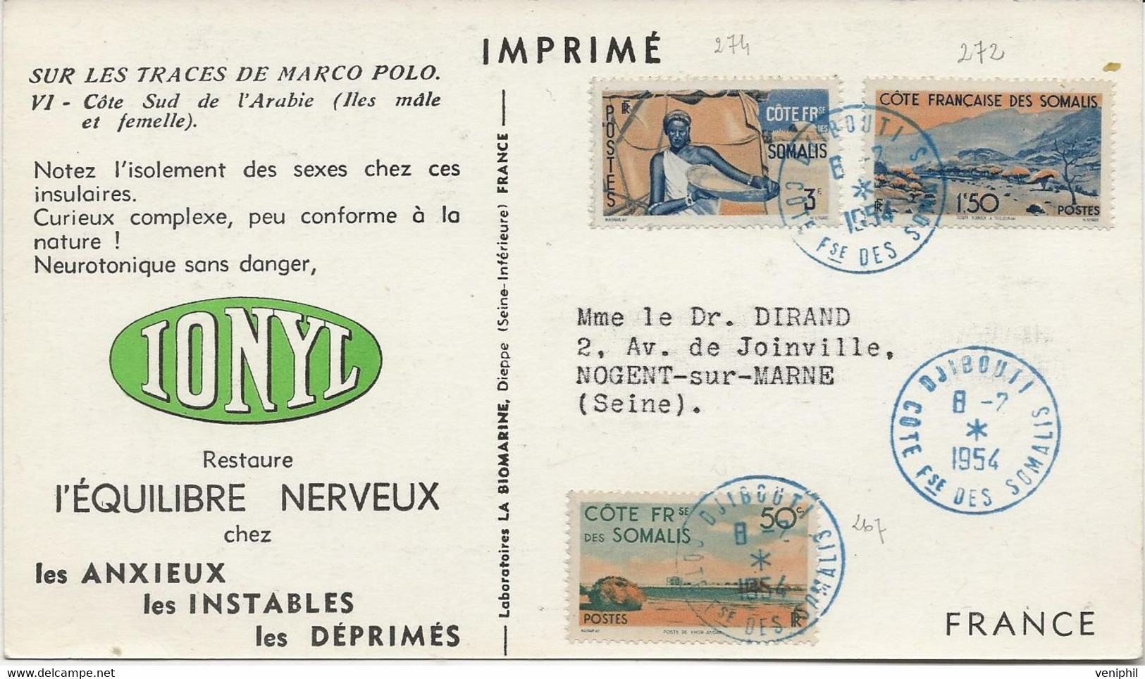 COTE DES SOMALIS - CARTE PUBLICITAIRE "IONYL " AFFRANCHIE N° 267-272-274 - CAD DJIBOUTI 1954 - Storia Postale