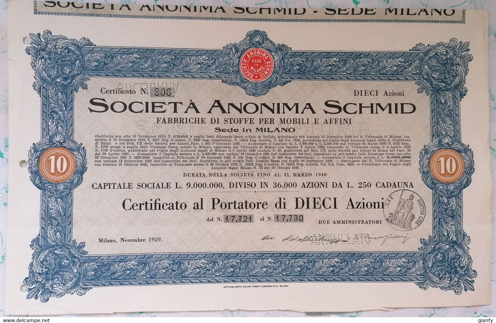 SOCIETA ANONIMA SCHMID MILANO 1929 TITOLO AZIONE BOND - Textile
