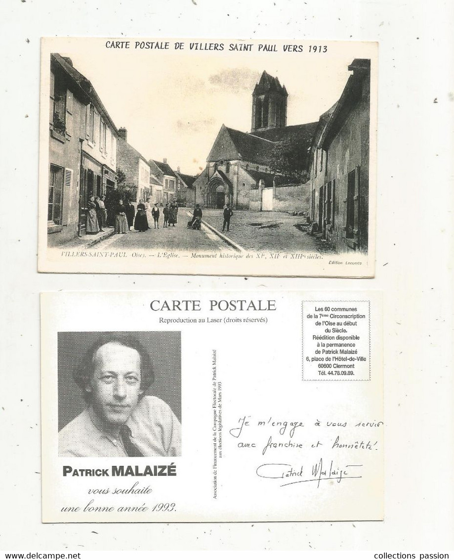 Cp , Publicité , Politique , Patrick MALAIZE, Campagne élections Législatives, 1993 , 60 , VILLERS SAINT PAUL , L'église - Publicité