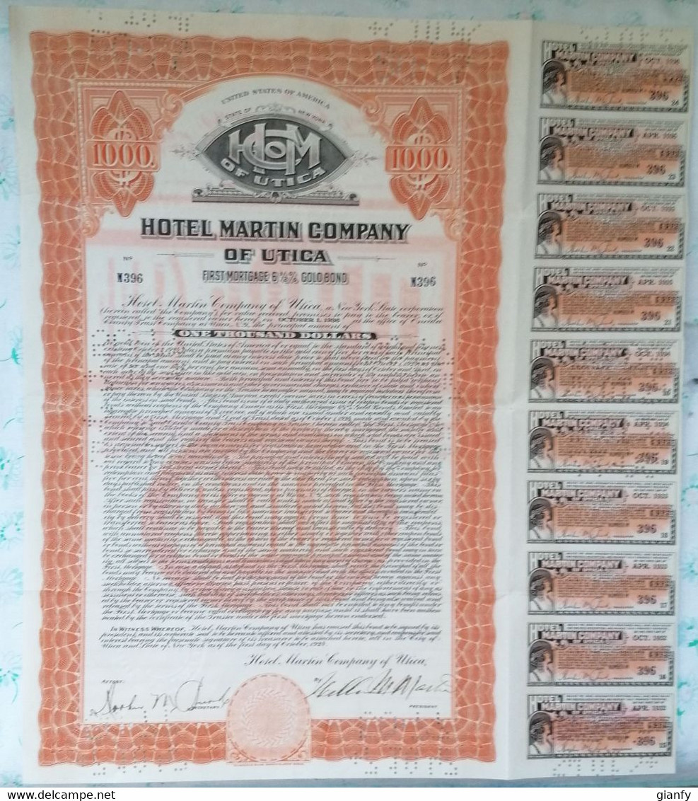 HOTEL MARTIN COMPANY OF UTICA U.S.A. 1936 TITOLO AZIONE BOND - Turismo