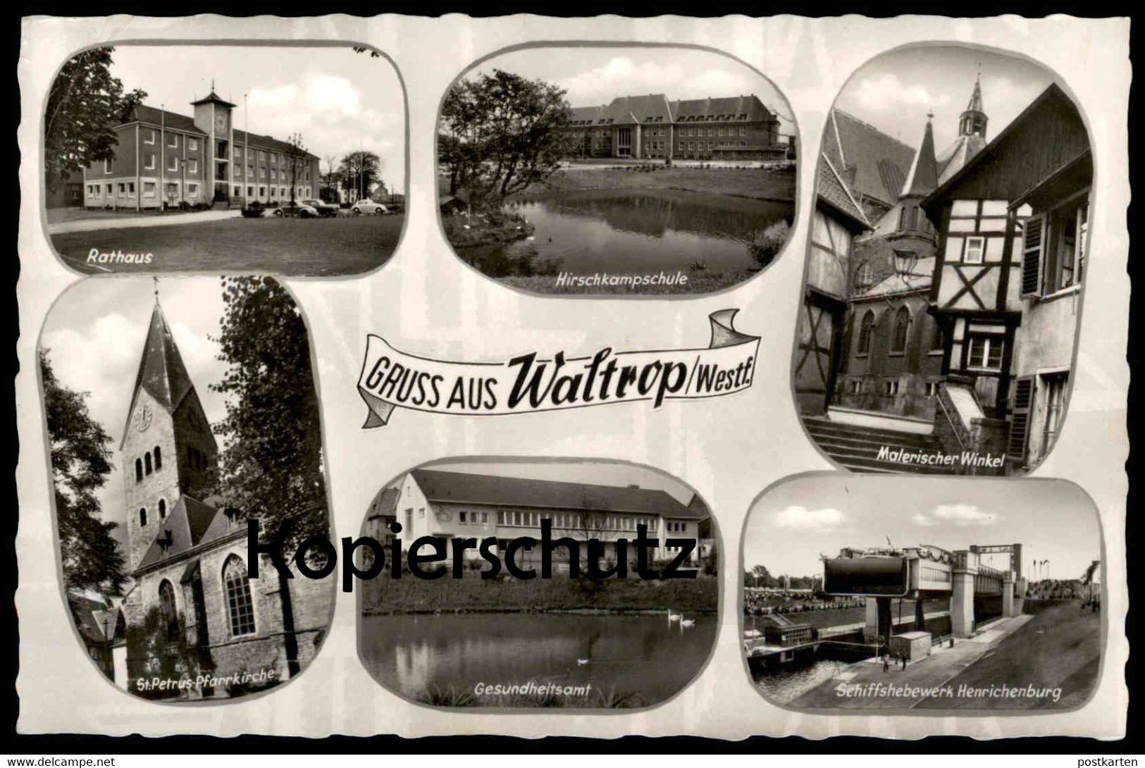 ÄLTERE POSTKARTE GRUSS AUS WALTROP HIRSCHKAMPSCHULE GESUNDHEITSAMT PFARRKIRCHE WINKEL SCHIFFSHEBEWERK Cpa AK Postcard - Waltrop