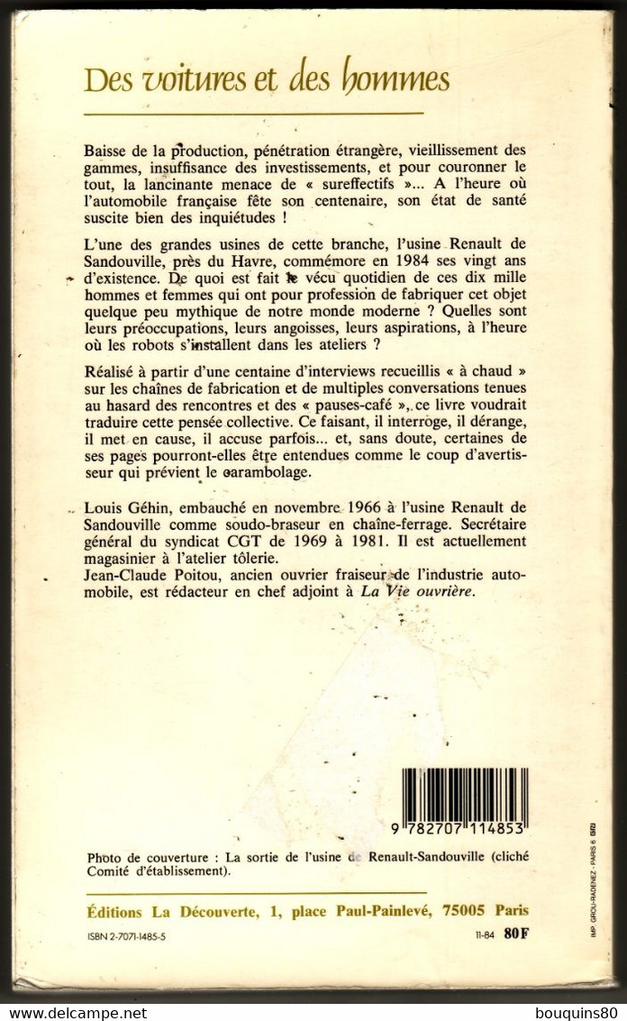 DES VOITURES ET DES HOMMES De LOUIS GEHIN Et JEAN-CLAUDE POITOU 1984 - Sociologia