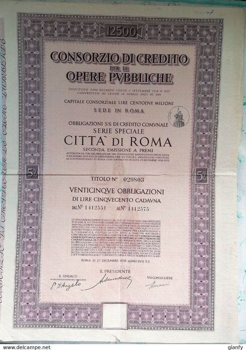 CONSORZIO DI CREDITO PER LE OPERE PUBBLICHE CITTA DI ROMA 1938 TITOLO AZIONE BOND - Banca & Assicurazione