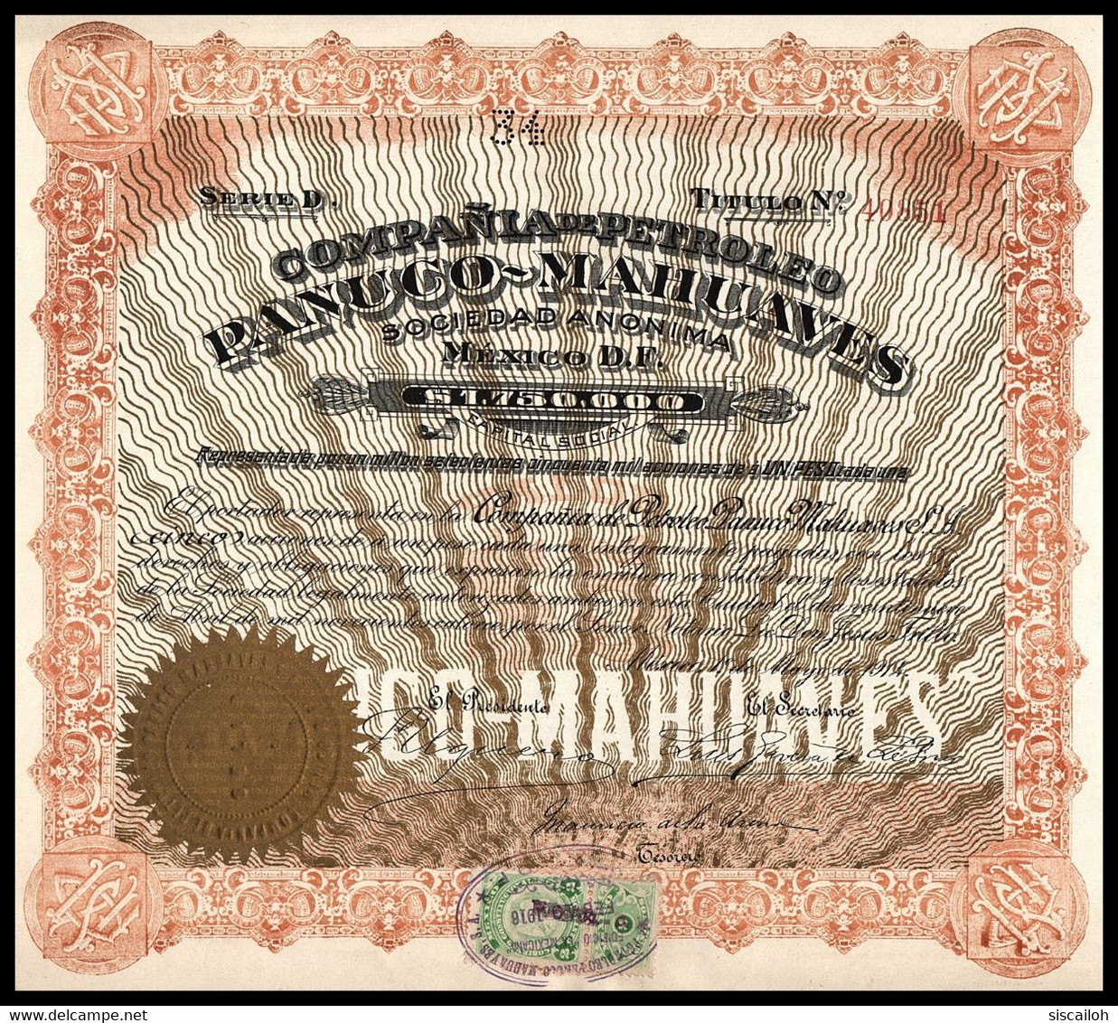 1914 Mexico: Compania De Petroleo Panuco-Mahuaves- $5 Pesos - Petróleo