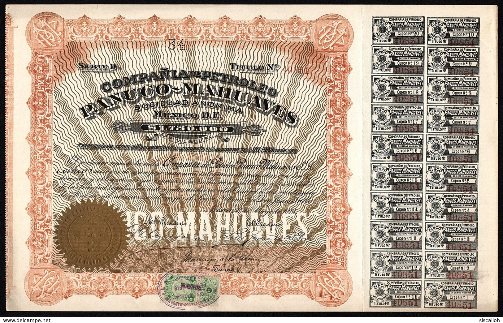 1914 Mexico: Compania De Petroleo Panuco-Mahuaves- $5 Pesos - Aardolie