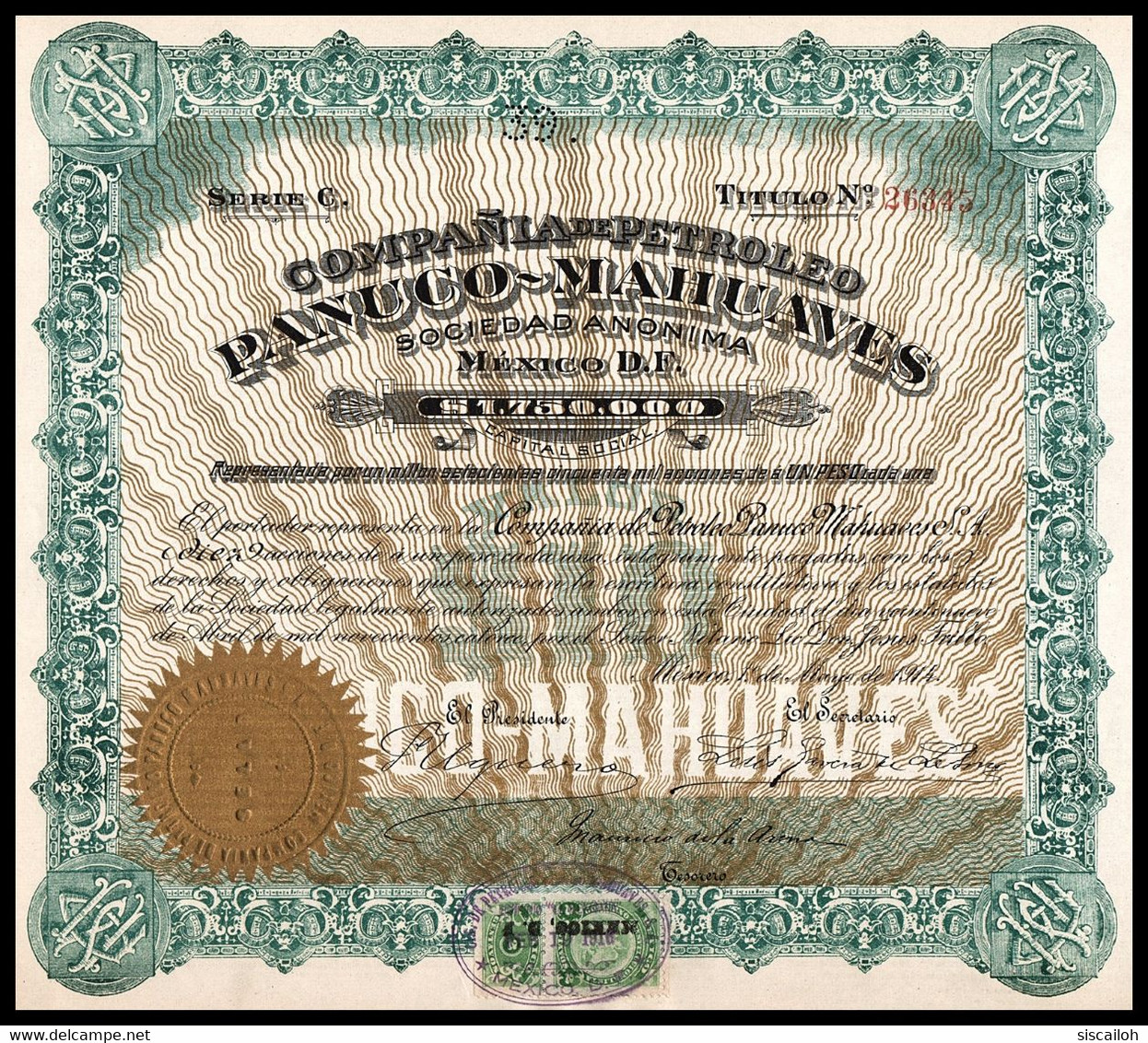 1914 Mexico: Compania De Petroleo Panuco-Mahuaves- $10 Pesos - Petróleo