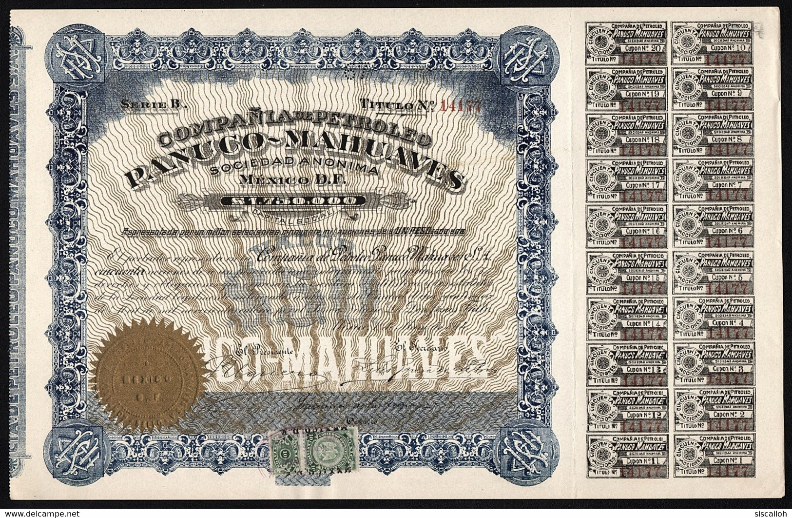 1914 Mexico: Compania De Petroleo Panuco-Mahuaves- $50 Pesos - Petróleo