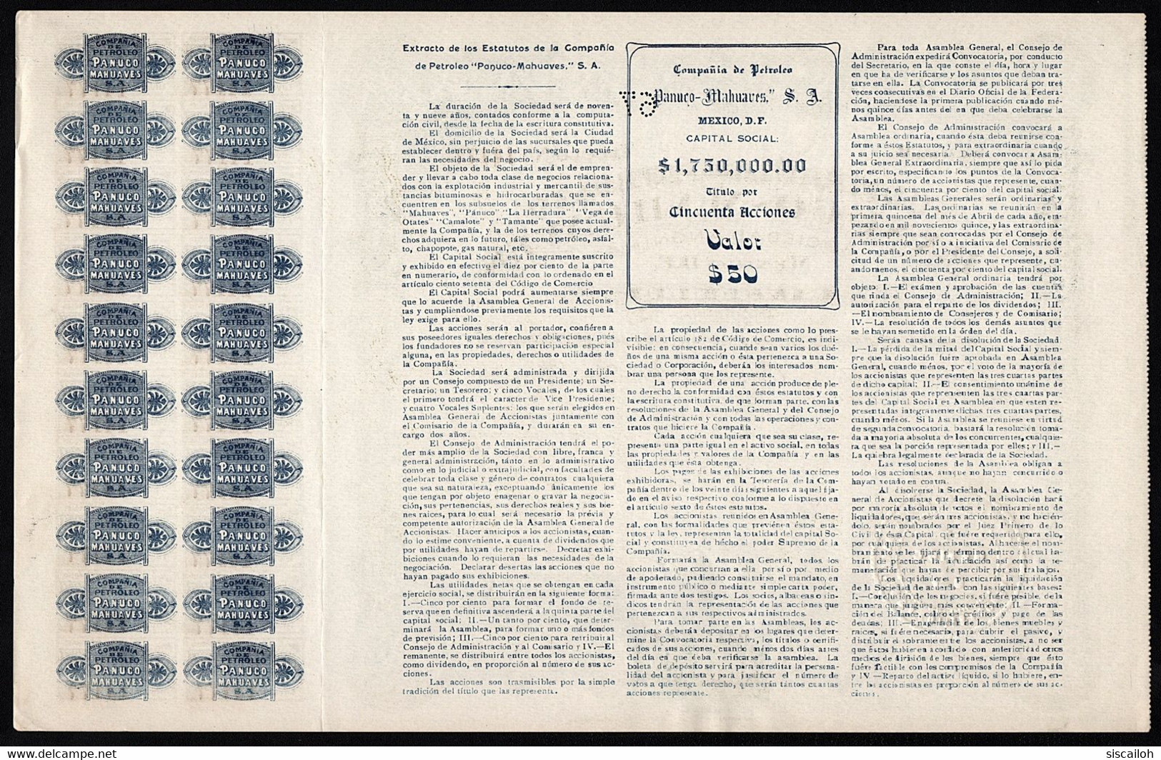 1914 Mexico: Compania De Petroleo Panuco-Mahuaves- $50 Pesos - Erdöl