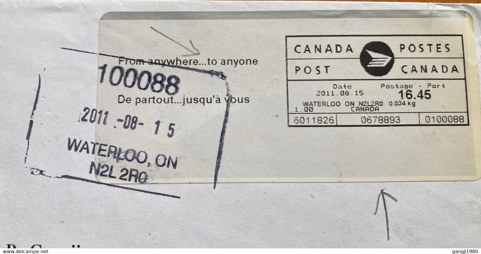 CANADA 2011, ANYWHERE TO ANYONE ,SELF ADHESIVE ATM LABEL STAMP,COVER REGISTER,WATERLOO CITY TO INDIA - Covers & Documents