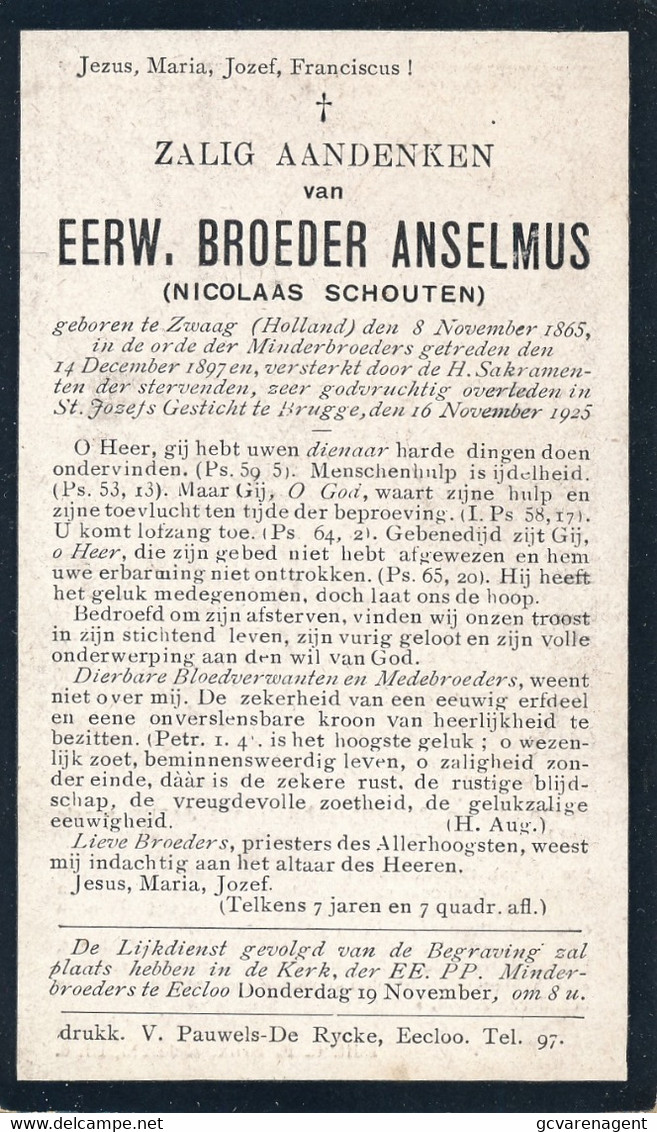 PATER   NICOLAAS SCHOUTEN  ZWAAG  1865   BRUGGE  1925 - Todesanzeige