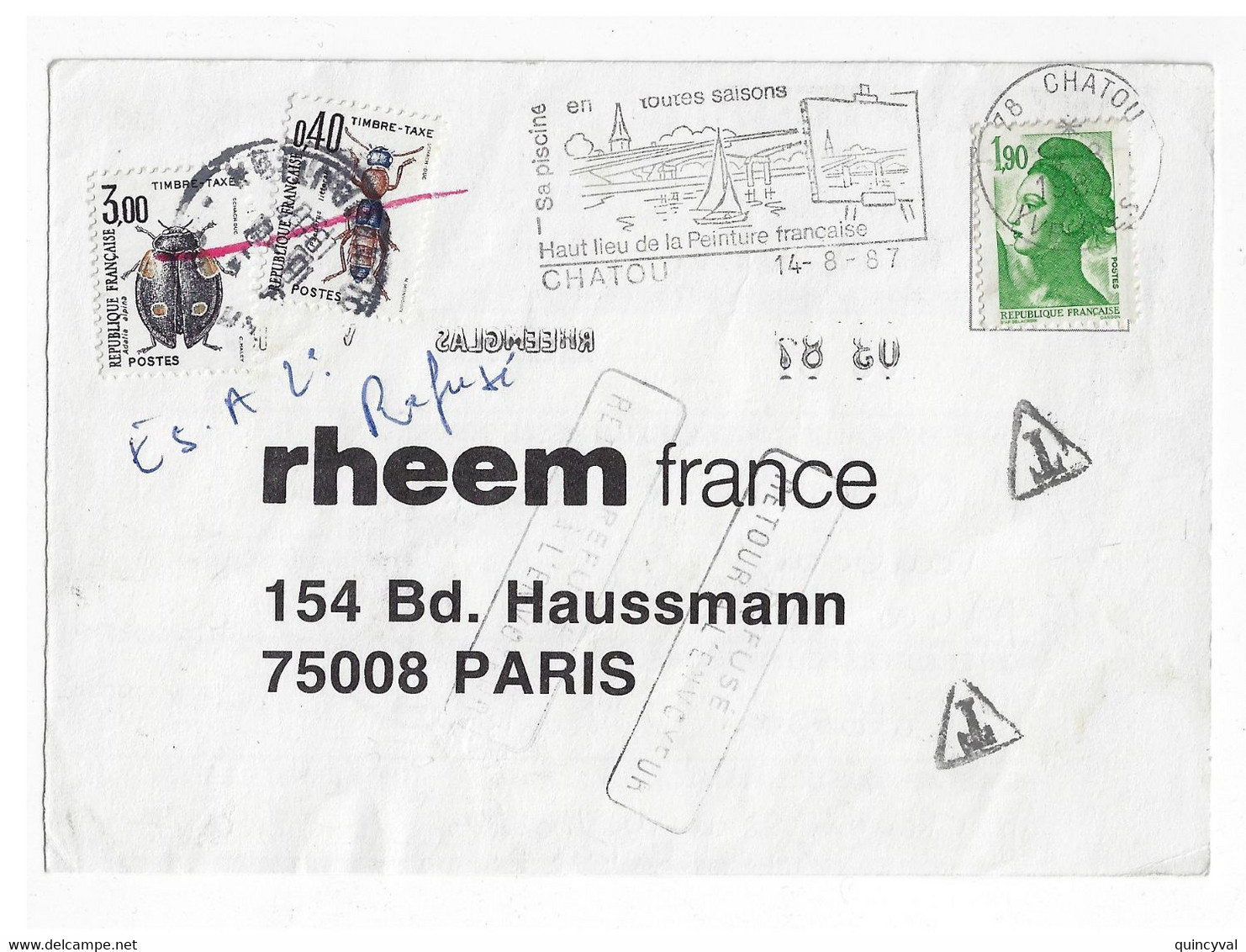 CHATOU 78 Carte Postale Commerciale RHEEM Affranchie Liberté 1,90 F Yv 2424 Ob 1987 TAXE REFUSEE Insectes Yv T 110 111 - 1960-.... Storia Postale