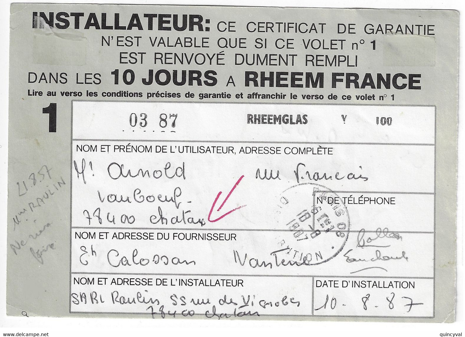 CHATOU 78 Carte Postale Commerciale RHEEM Affranchie Liberté 1,90 F Yv 2424 Ob 1987 TAXE REFUSEE Insectes Yv T 110 111 - 1960-.... Cartas & Documentos
