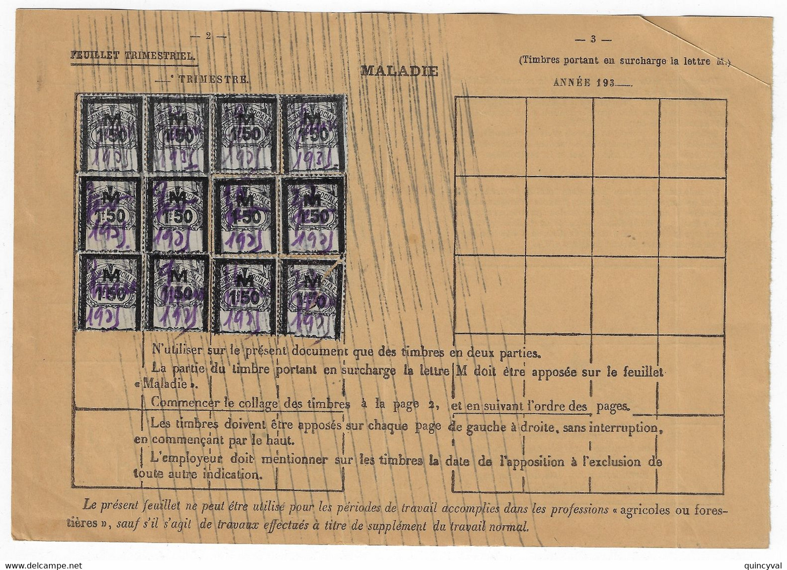 BARBASTE  Assurances Sociales Fiscaux Socio-postaux Type 1935 Petit Format 1,50 F X 12 Noir Yv 39 - Andere & Zonder Classificatie