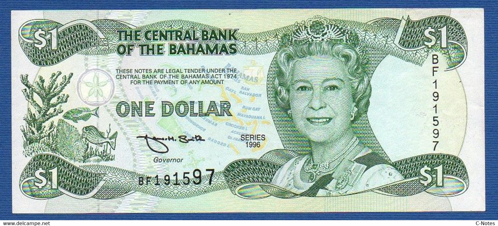 BAHAMAS - P.57 – 1 Dollar 1996 XF+, Serie BF191597  "Elizabeth II" Issue - Bahamas