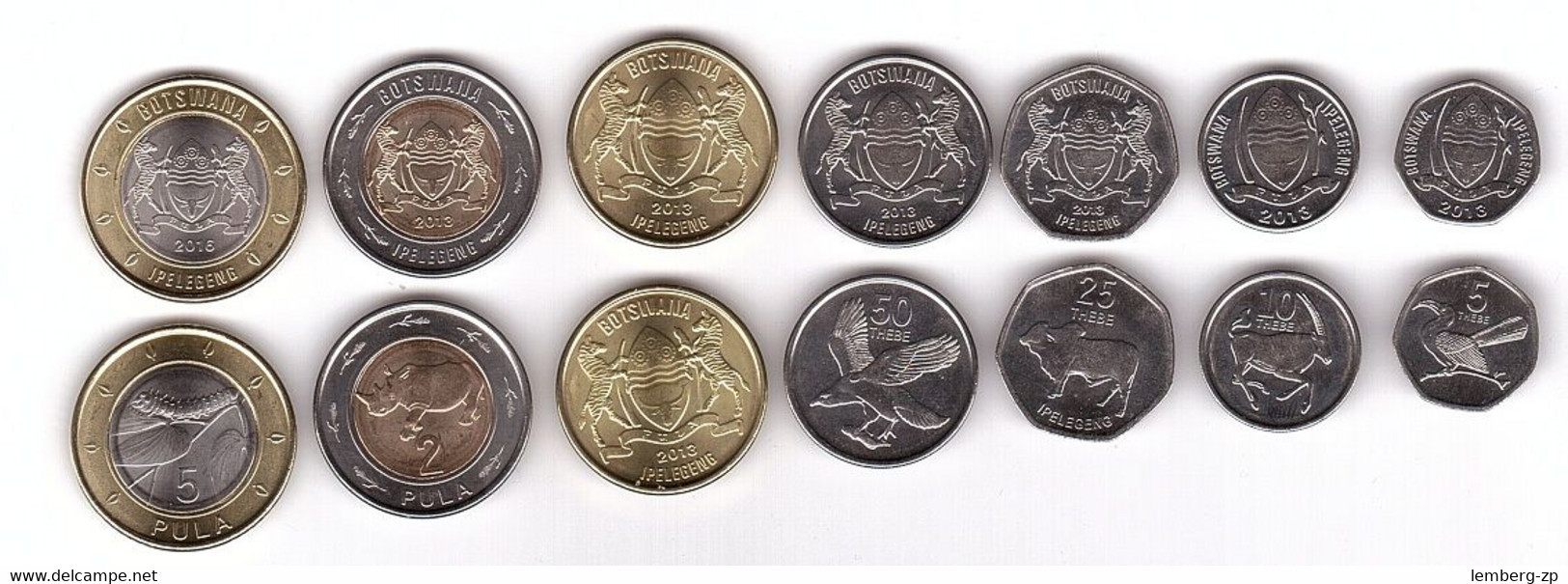 Botswana - Set 7 Coins 5 10 25 50 Thebe 1 2 5 Pula 2013 - 2016 UNC Lemberg-Zp - Botswana