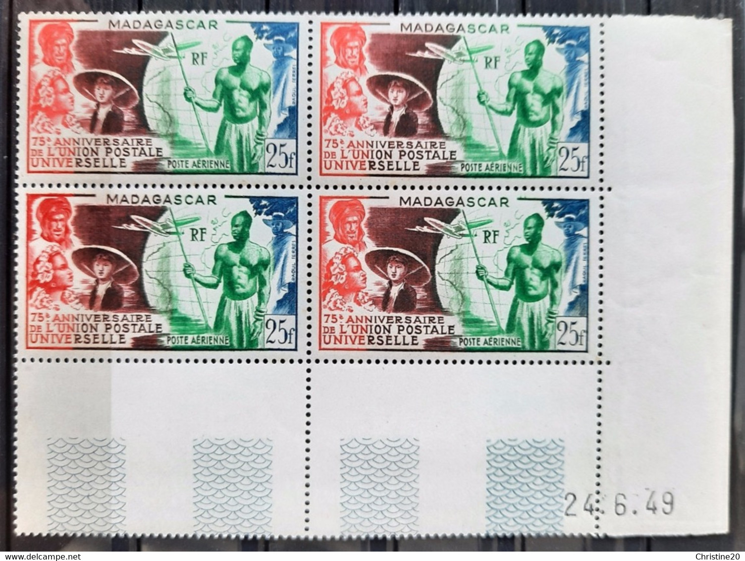 France Grandes Séries Coloniales 1949 75e Anniversaire De L'UPU Madagascar PA72 En Bloc De 4 Cd **TB Cote 36€ - 1949 75e Anniversaire De L'UPU