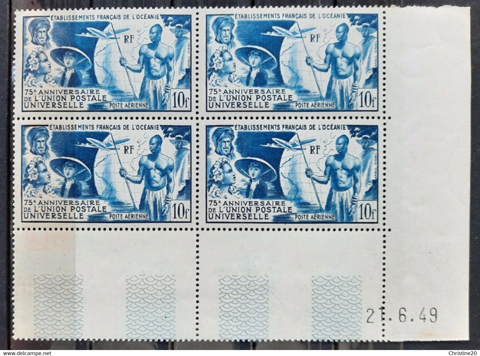 France Grandes Séries Coloniales 1949 75e Anniversaire De L'UPU Océanie PA29 En Bloc De 4 Cd **TB Cote +104€ - 1949 75e Anniversaire De L'UPU