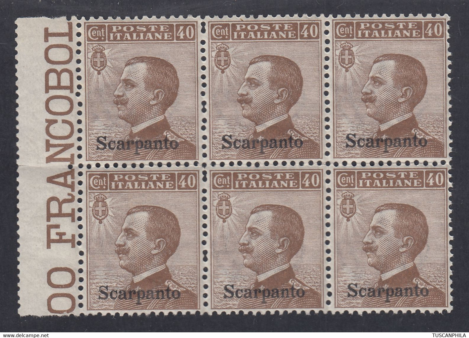 1912 Blocco Di 6 BdF Valori Sass. 6 MNH** Cv 30 - Aegean (Scarpanto)