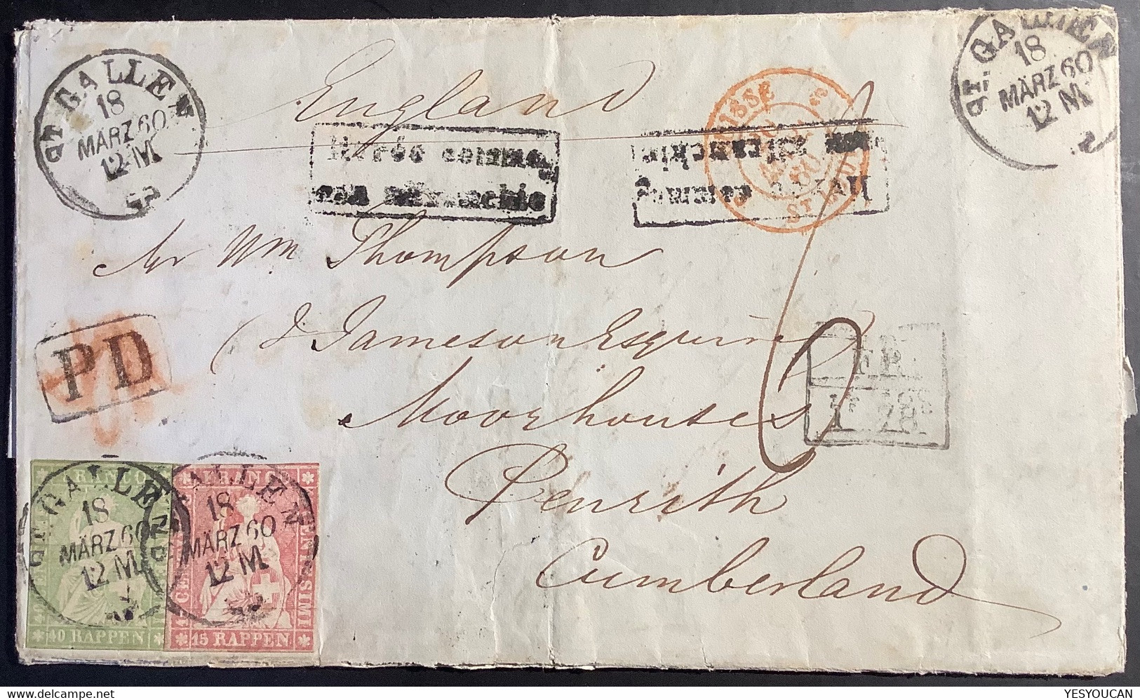 ST GALLEN 1860 Strubel Brief Unterfrankiert>Penrith Cumbria GB Via France(Schweiz Postvertragstempel Cover Lettre - Briefe U. Dokumente