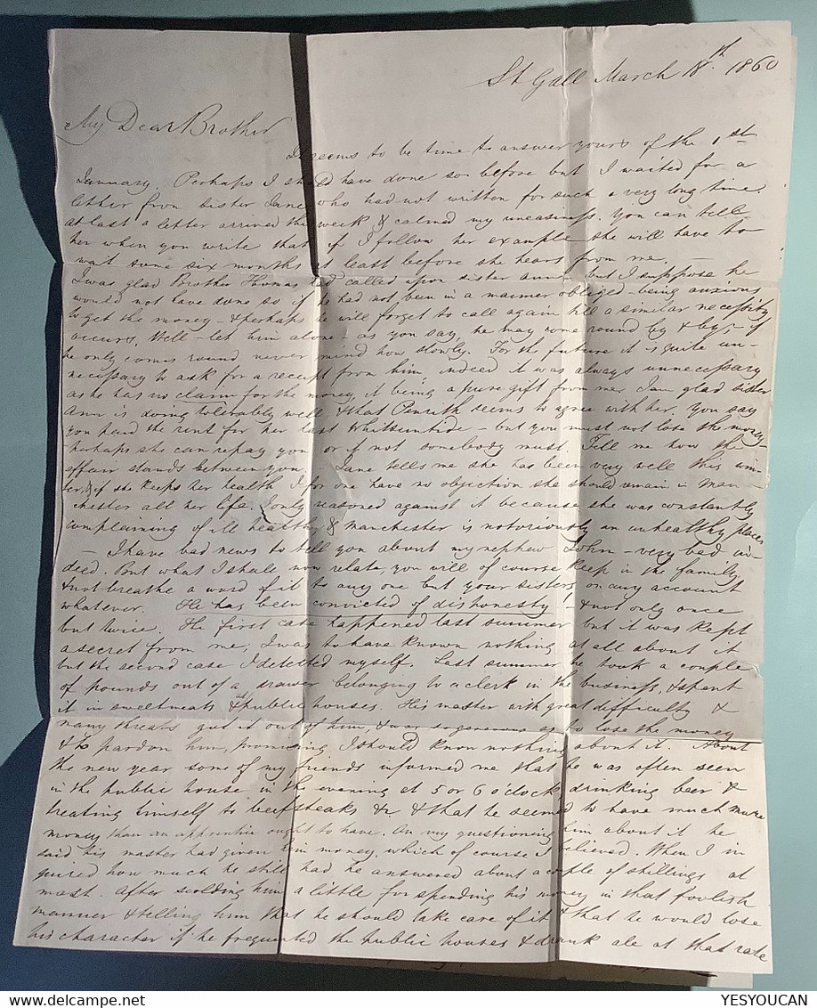 ST GALLEN 1860 Strubel Brief Unterfrankiert>Penrith Cumbria GB Via France(Schweiz Postvertragstempel Cover Lettre - Cartas & Documentos