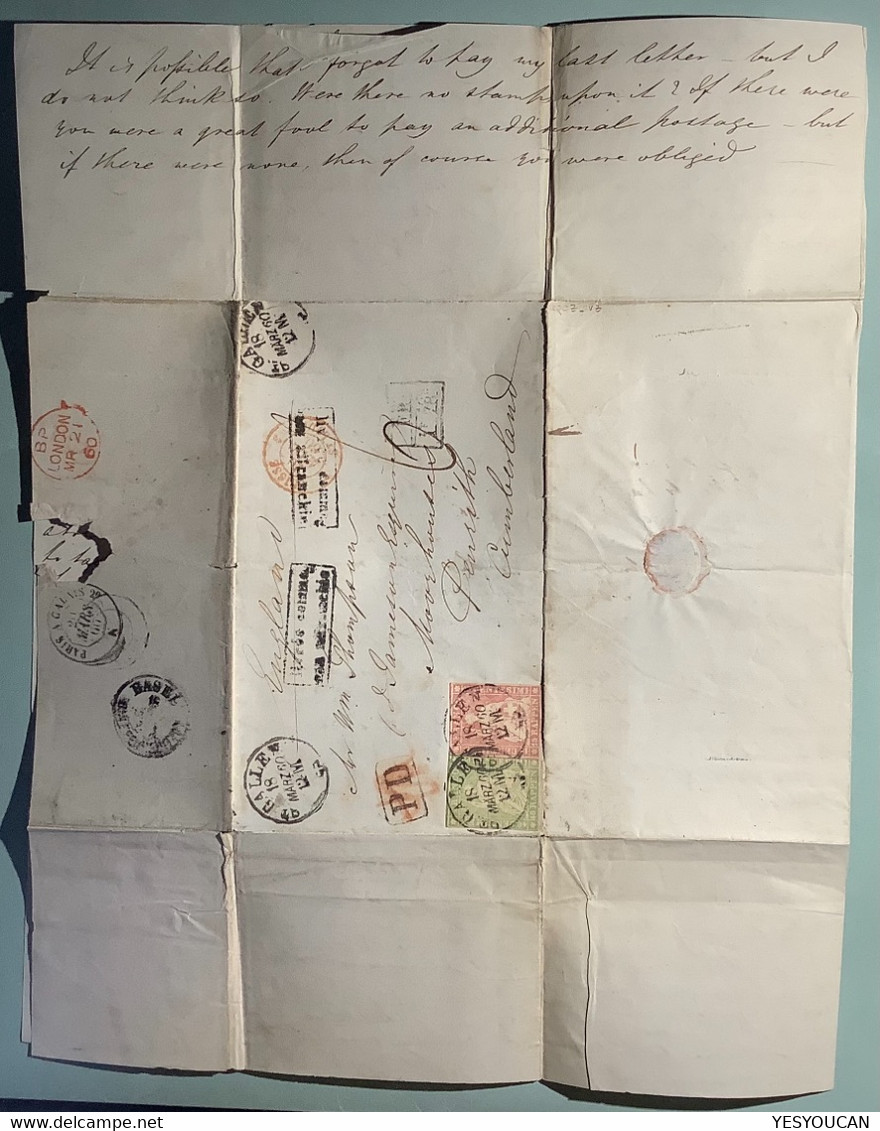 ST GALLEN 1860 Strubel Brief unterfrankiert>Penrith Cumbria GB via France(Schweiz Postvertragstempel cover lettre
