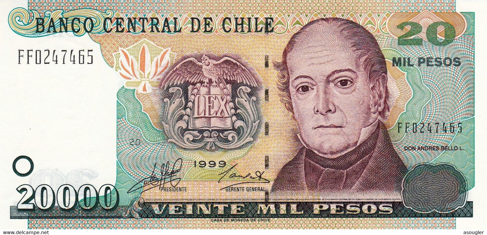 CHILE 20000 PESOS 1999 UNC P-159a "free Shipping Via Registered Air Mail" - Cile