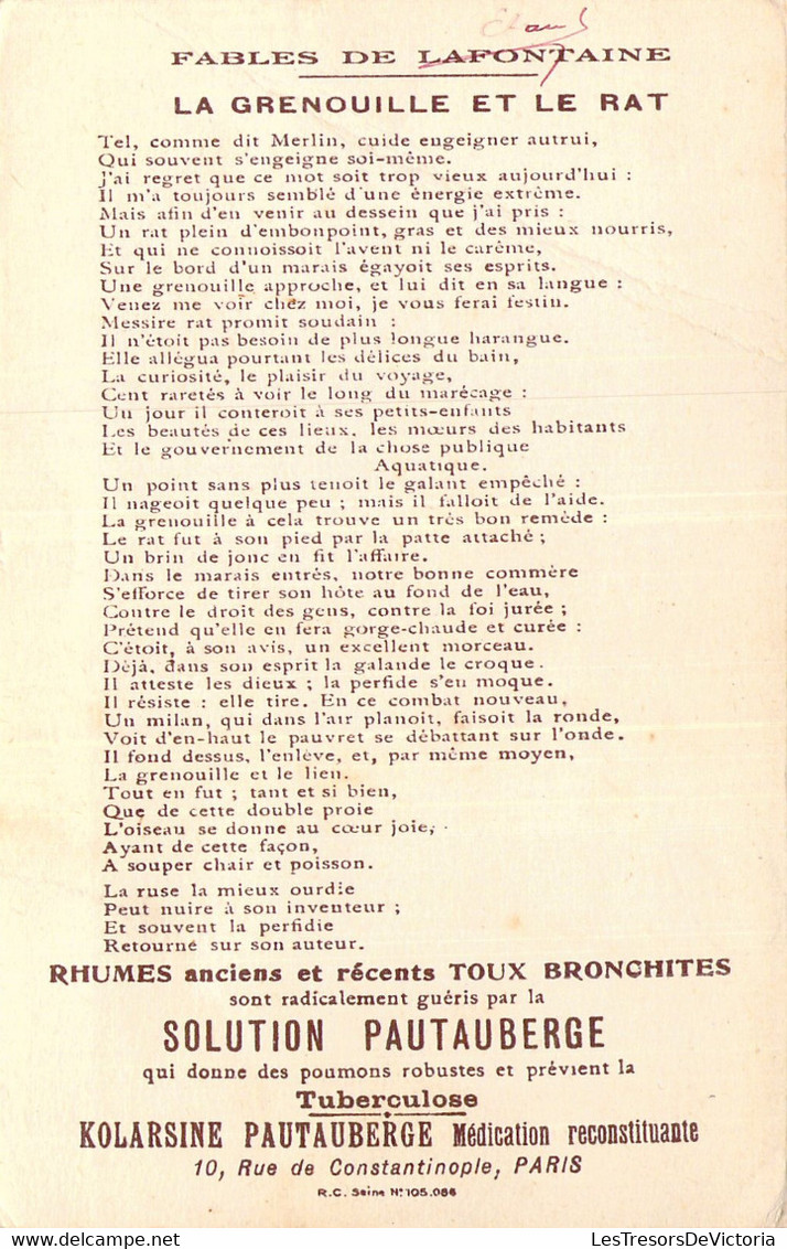 Carte Fable De La Fontaine - La Grenouille Et Le Rat - Collection De La Solution Pautauberge Previent La Tuberculose - Contes, Fables & Légendes