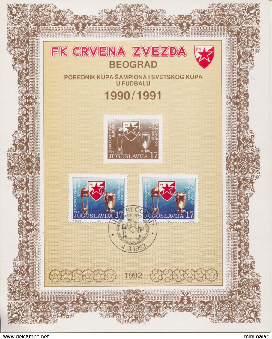 Yugoslavia 1992.  FC RED STAR Belgrade, Anniversary Of Winning The Champions Cup And The World Cup In Football - Storia Postale