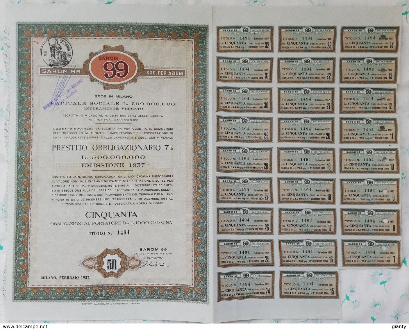 SAROM 99 SPA PRESTITO OBBLIGAZIONARIO 7% 50 OBBLIG MILANO 1957 + 26 CEDOLE TITOLO AZIONE BOND - Petrolio