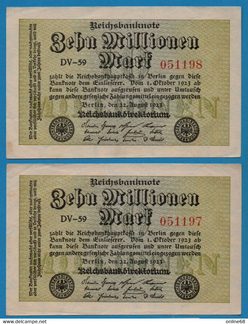 DEUTSCHES REICH 2 X 10 MILLIONEN MARK # DV-59 051197 + 98 P# 106a - 10 Mio. Mark