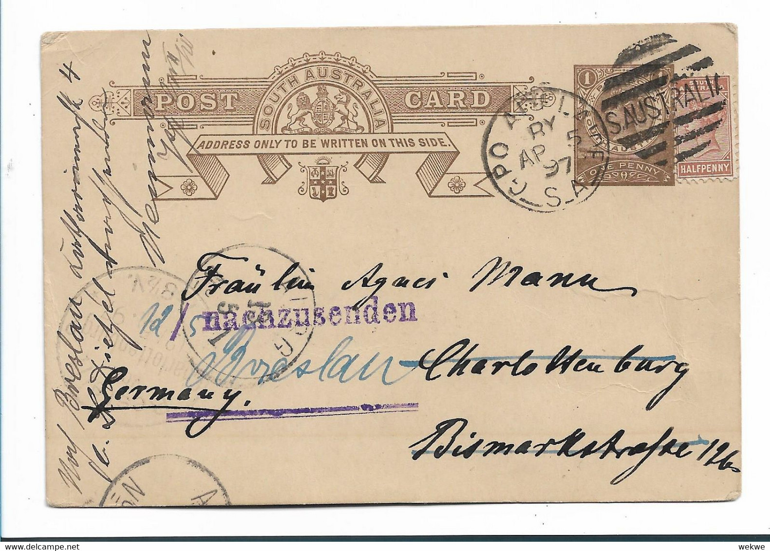 Sau010 / SÜDAUSTRALIEN - Ascher 3, 1897 - Aufgewertet Zum Versand Nach Deutschland (Breslau) - Storia Postale