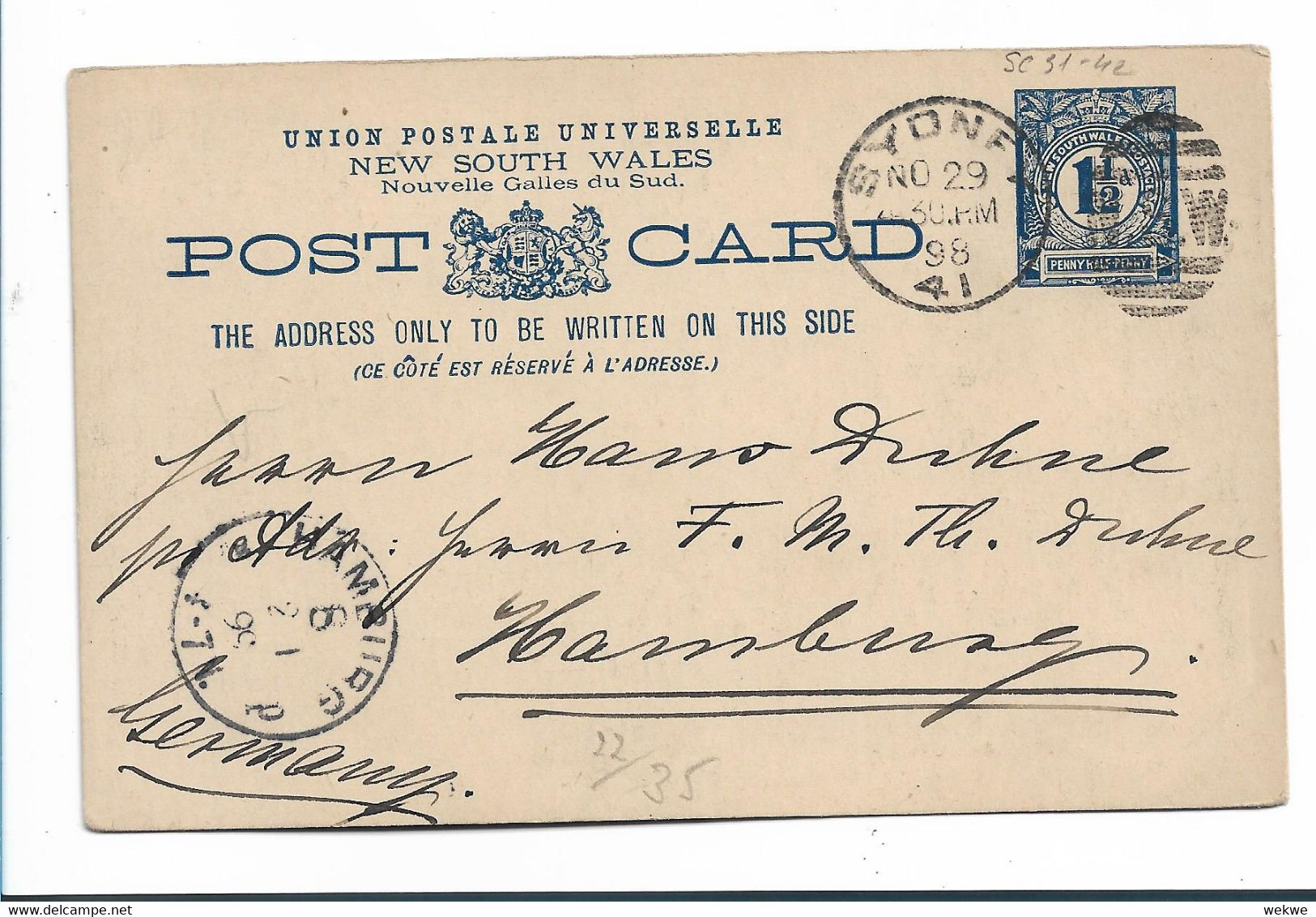 NSW111 /  AUSTRALIEN - NEW SOUTH WALES - Ascher 22 B - Christmas Grüsse 1889 Nach Hamburg - Briefe U. Dokumente