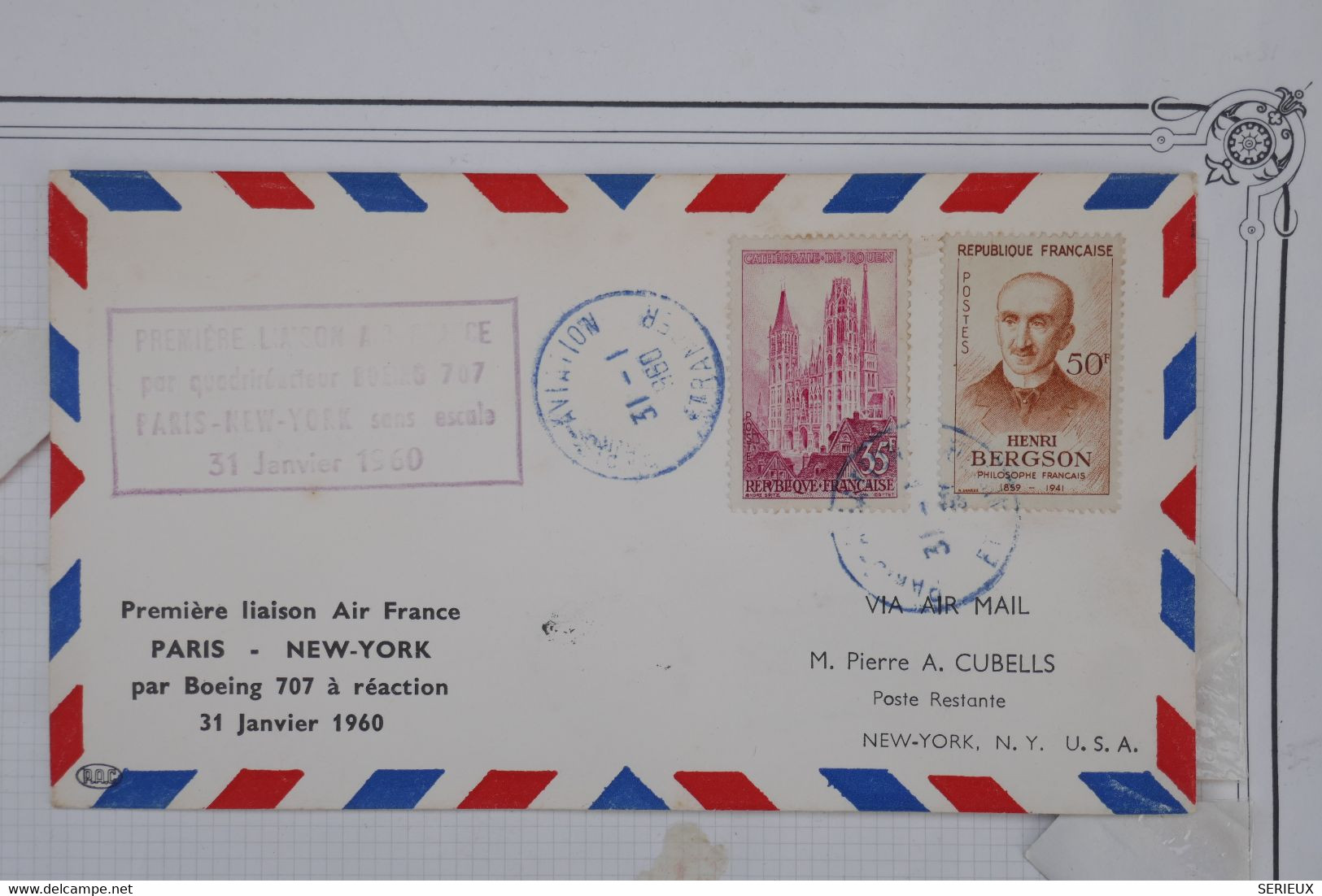 AQ21 FRANCE BELLE LETTRE  1850 1ERE LIAISON  PARIS NEW YORK USA  +AEROPHILATELIE+++ AFFRANCH.PLAISANT - 1960-.... Lettres & Documents