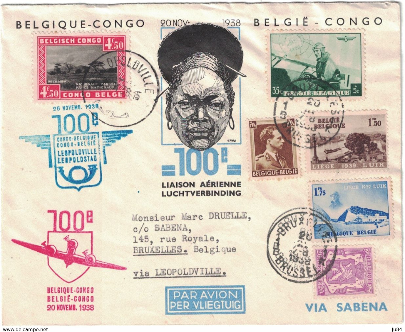 Congo - Léopoldville - Congo Belge - 100e Liaison Aérienne Belgique Congo - Lettre Pour Bruxelles - 20 Novembre 1938 - Cartas & Documentos